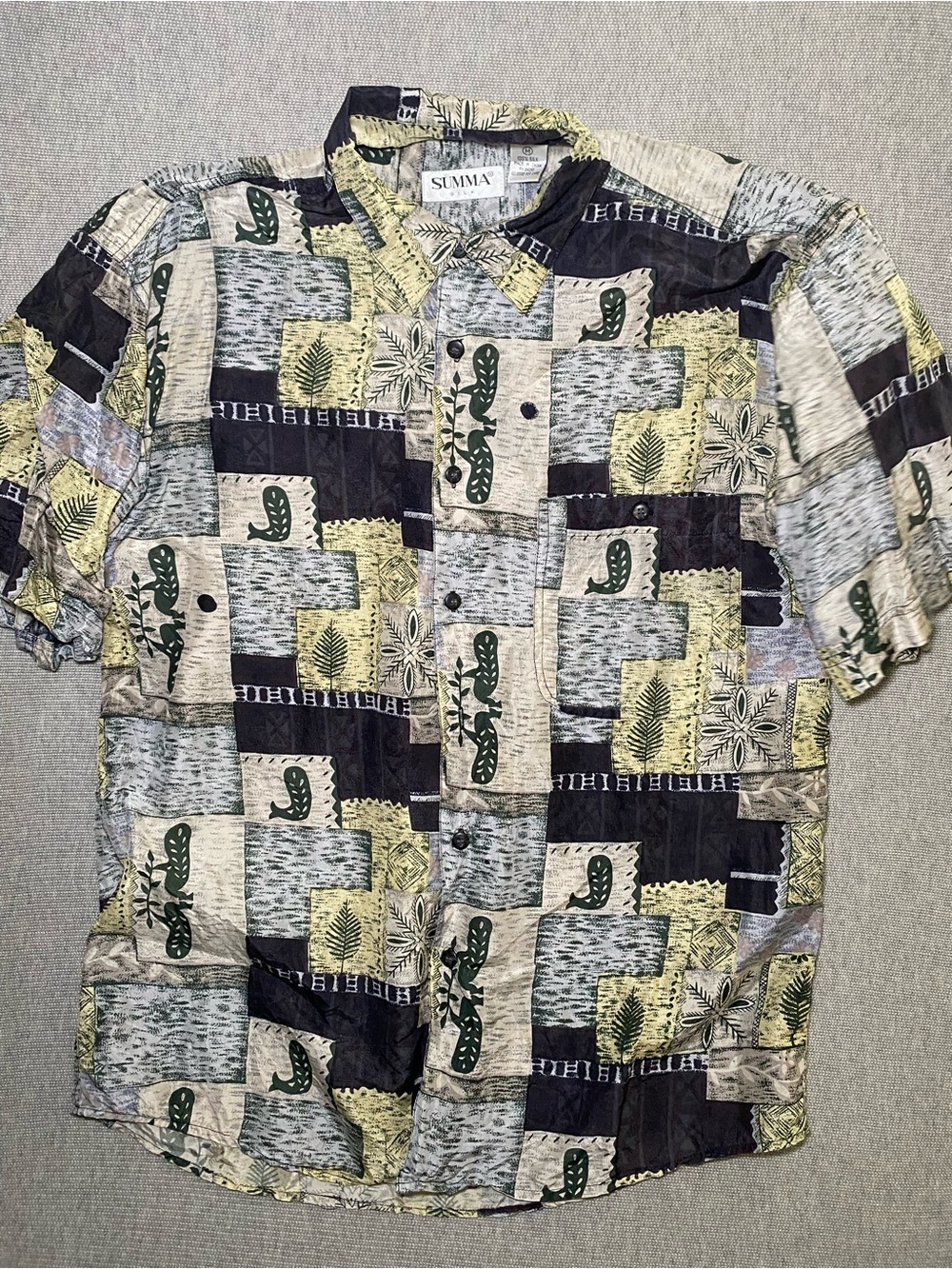 SUMMA Men's M Vintage Black 100% Silk Abstract Short Sleeve Button-Up